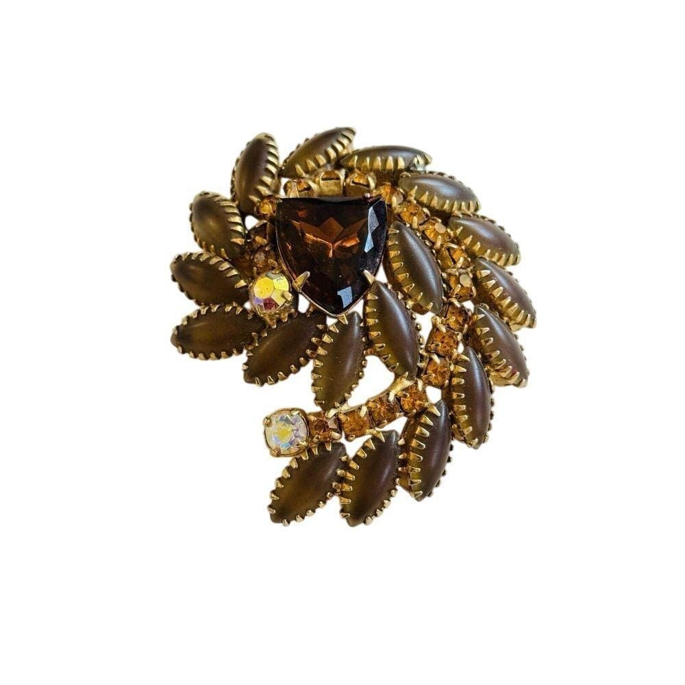 Vtg D&E Juliana Pin Brooch Verified Amber Glass Rhinestone Smoky Navettes 60s